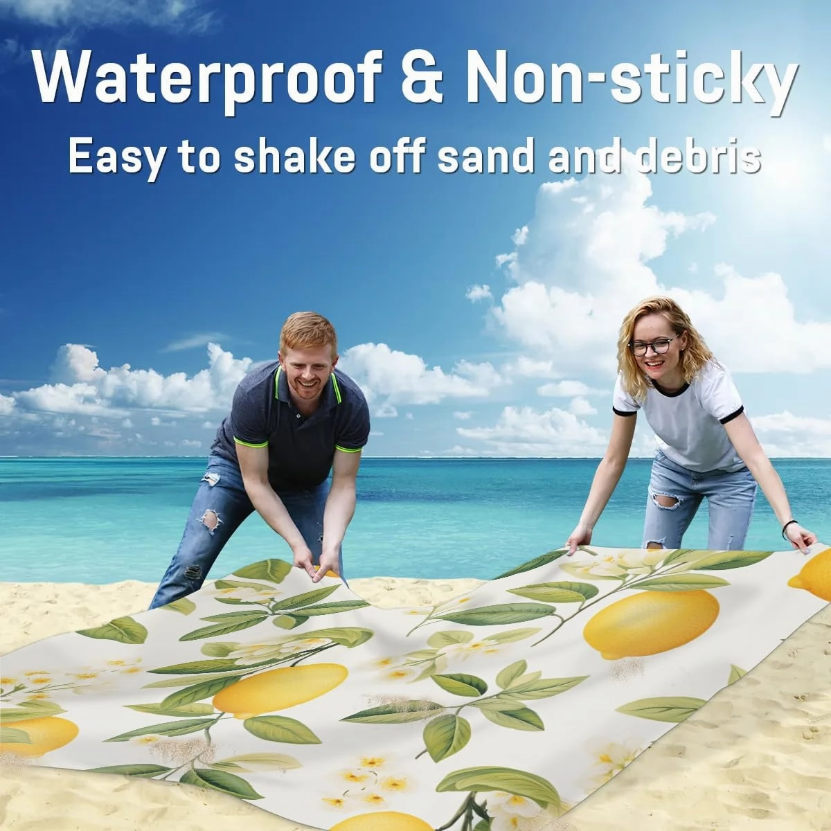Fruit Lemon Beach Blanket, Sandproof Beach Mat, 68 x 59 Waterproof Quick Drying Sand Free Mat with 4 x Ground Spikes for Outdoor Travel Camping Hiking, Lemon Flower Leaves