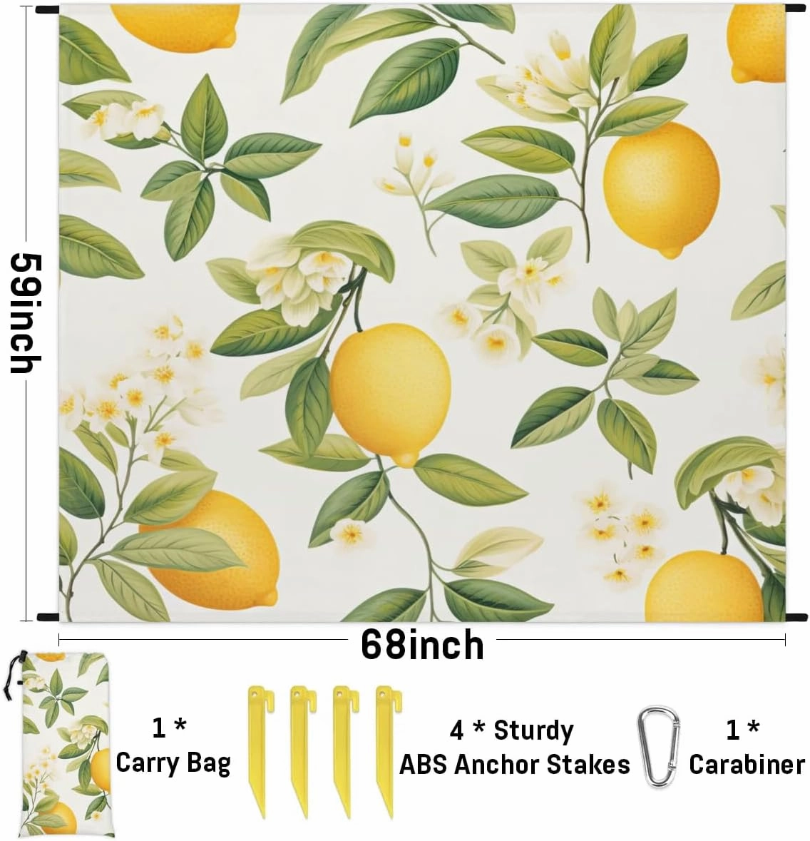 Fruit Lemon Beach Blanket, Sandproof Beach Mat, 68 x 59 Waterproof Quick Drying Sand Free Mat with 4 x Ground Spikes for Outdoor Travel Camping Hiking, Lemon Flower Leaves