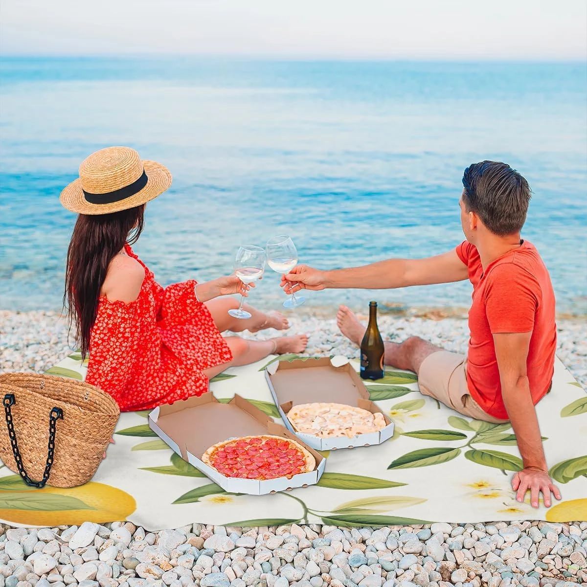 Fruit Lemon Beach Blanket, Sandproof Beach Mat, 68 x 59 Waterproof Quick Drying Sand Free Mat with 4 x Ground Spikes for Outdoor Travel Camping Hiking, Lemon Flower Leaves