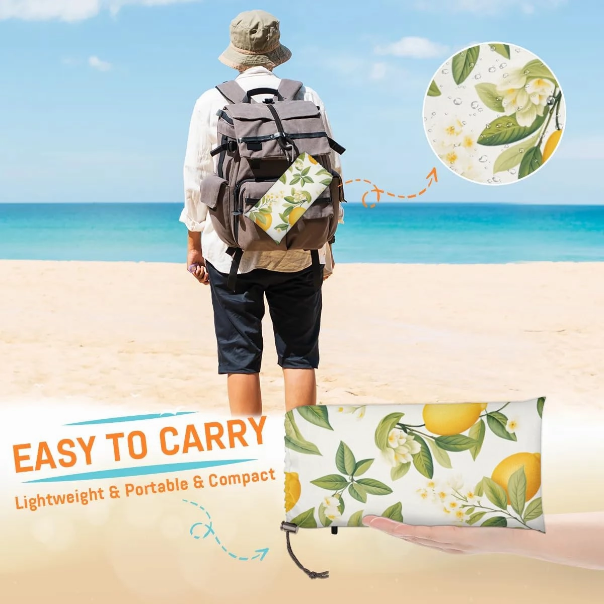 Fruit Lemon Beach Blanket, Sandproof Beach Mat, 68 x 59 Waterproof Quick Drying Sand Free Mat with 4 x Ground Spikes for Outdoor Travel Camping Hiking, Lemon Flower Leaves
