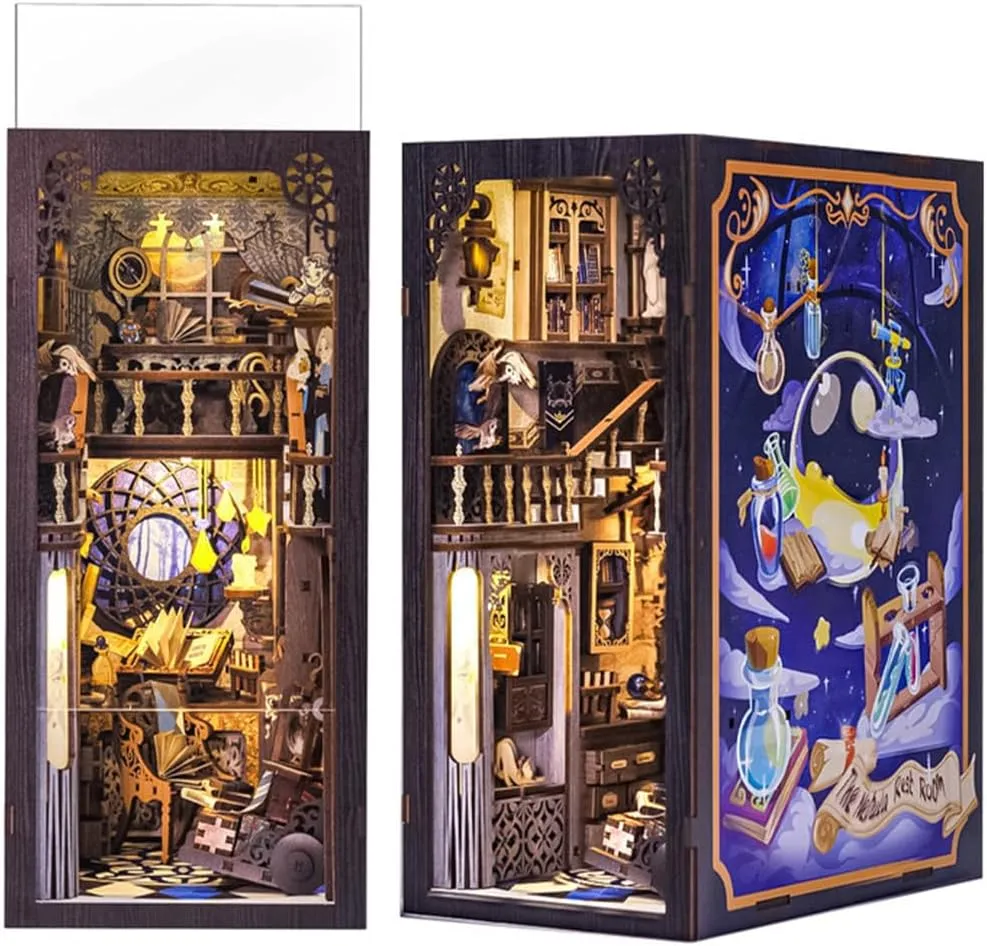 Fsolis Book Nook Kit, DIY Miniature Dollhouse Kit for Adults Bookshelf Nook Puzzle Tiny House Mini Craft Book Decor Gifts for Women Teens and 3D Puzzle Lovers(Nebula Common Room)