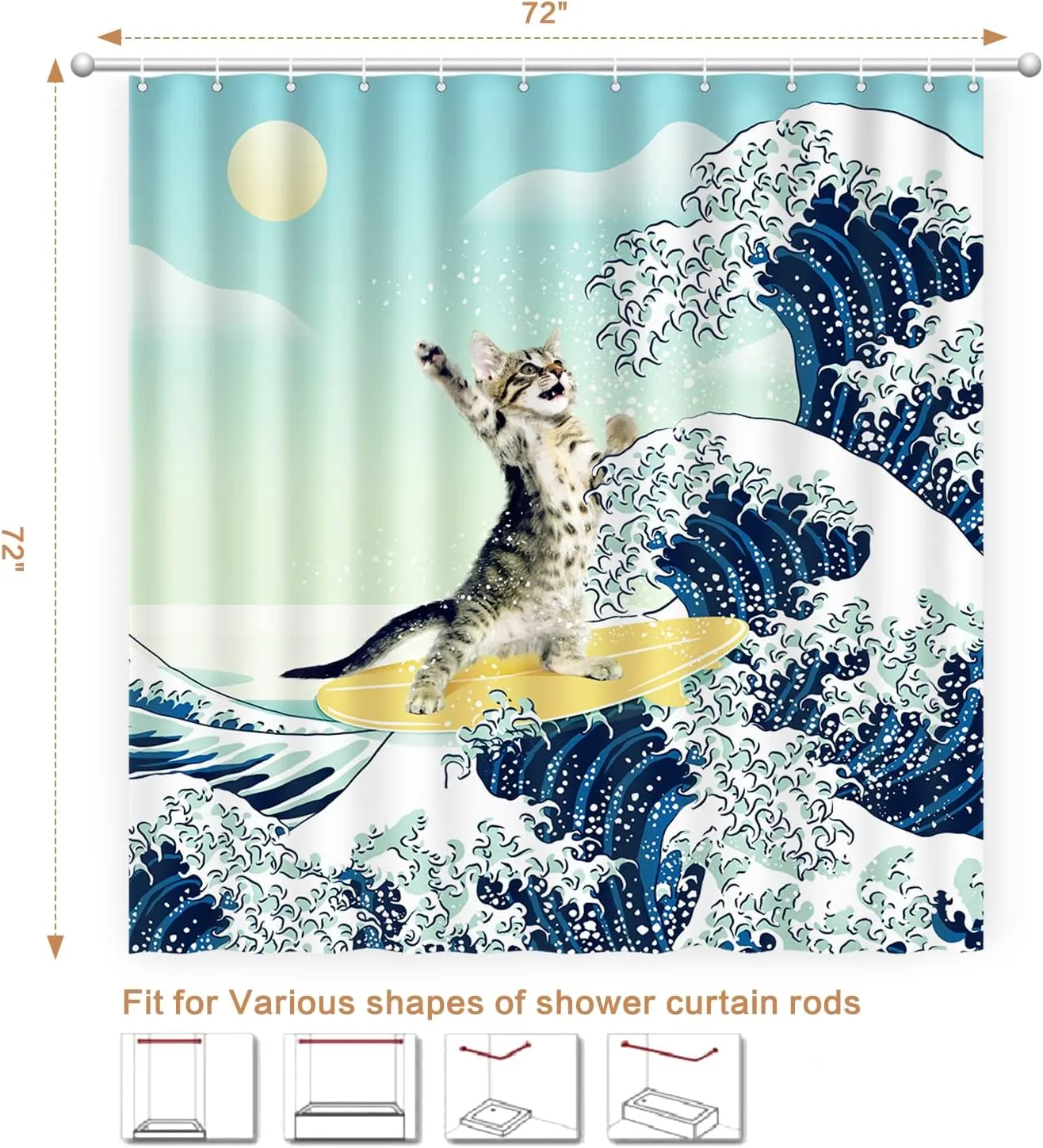 Funny Cat Shower Curtain, Surfer Cat Shower Curtain Battle Blue Ocean Great Wave for Bathroom with 12 Hooks, Polyester Fabric Summer Shower Curtains Set Waterproof Kids Bath ShowerCurtain Decorative