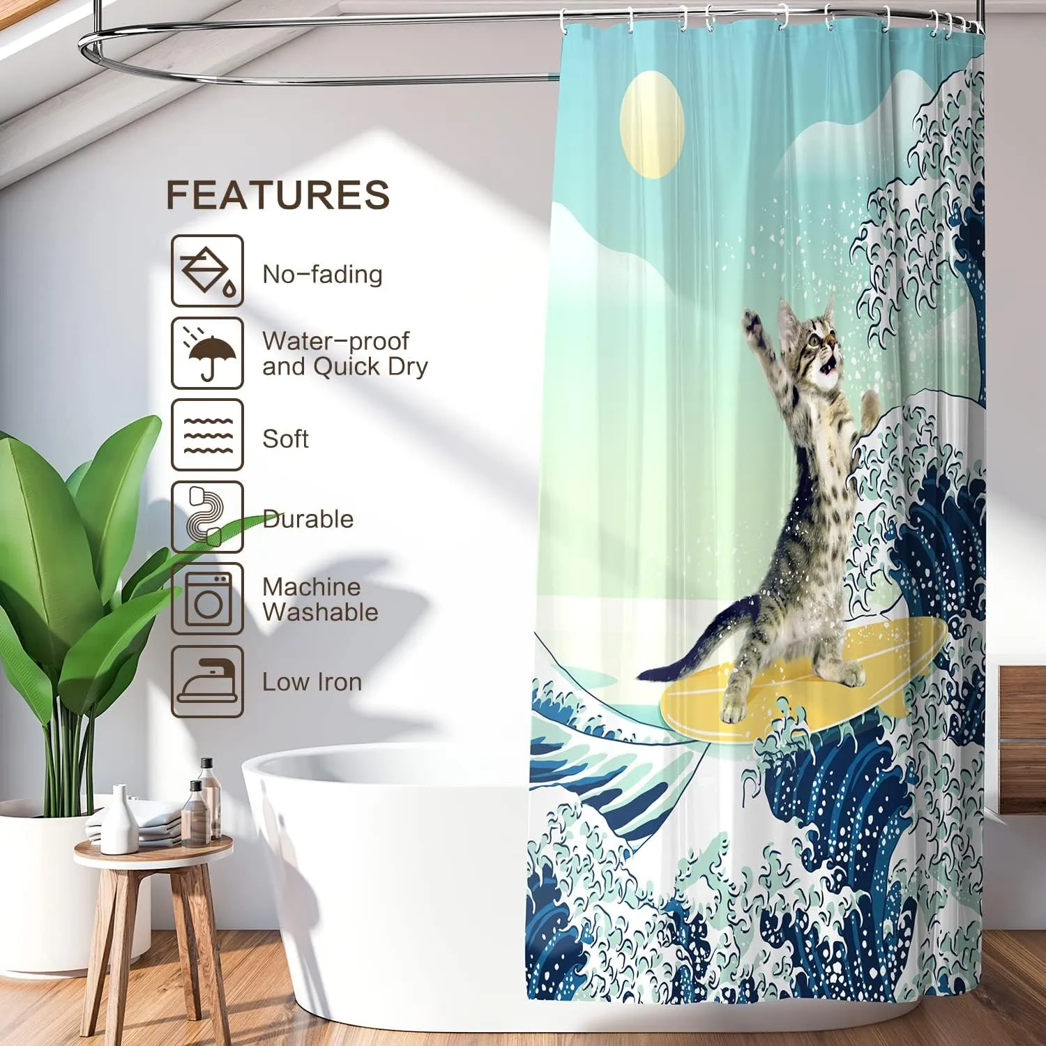Funny Cat Shower Curtain, Surfer Cat Shower Curtain Battle Blue Ocean Great Wave for Bathroom with 12 Hooks, Polyester Fabric Summer Shower Curtains Set Waterproof Kids Bath ShowerCurtain Decorative