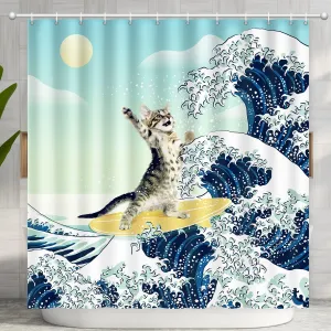 Funny Cat Shower Curtain, Surfer Cat Shower Curtain Battle Blue Ocean Great Wave for Bathroom with 12 Hooks, Polyester Fabric Summer Shower Curtains Set Waterproof Kids Bath ShowerCurtain Decorative