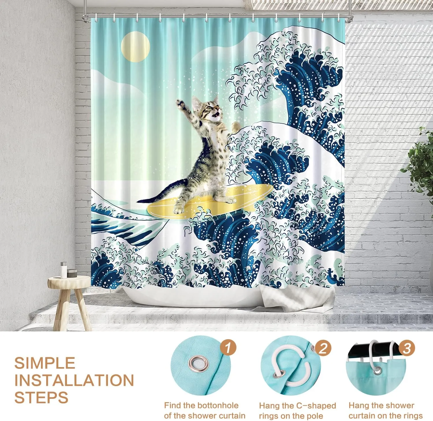 Funny Cat Shower Curtain, Surfer Cat Shower Curtain Battle Blue Ocean Great Wave for Bathroom with 12 Hooks, Polyester Fabric Summer Shower Curtains Set Waterproof Kids Bath ShowerCurtain Decorative