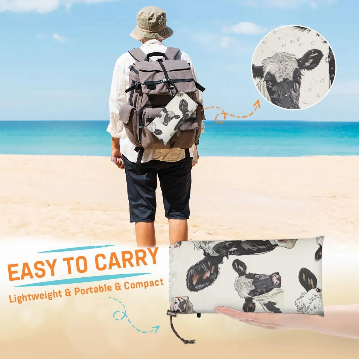 Funny Cow Beach Blanket, Sandproof Beach Mat, Adults Waterproof Quick Drying Sand Free Mat with 4 x Ground Spikes for Outdoor Travel Camping Hiking, Cow