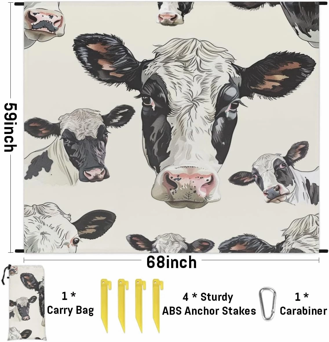 Funny Cow Beach Blanket, Sandproof Beach Mat, Adults Waterproof Quick Drying Sand Free Mat with 4 x Ground Spikes for Outdoor Travel Camping Hiking, Cow