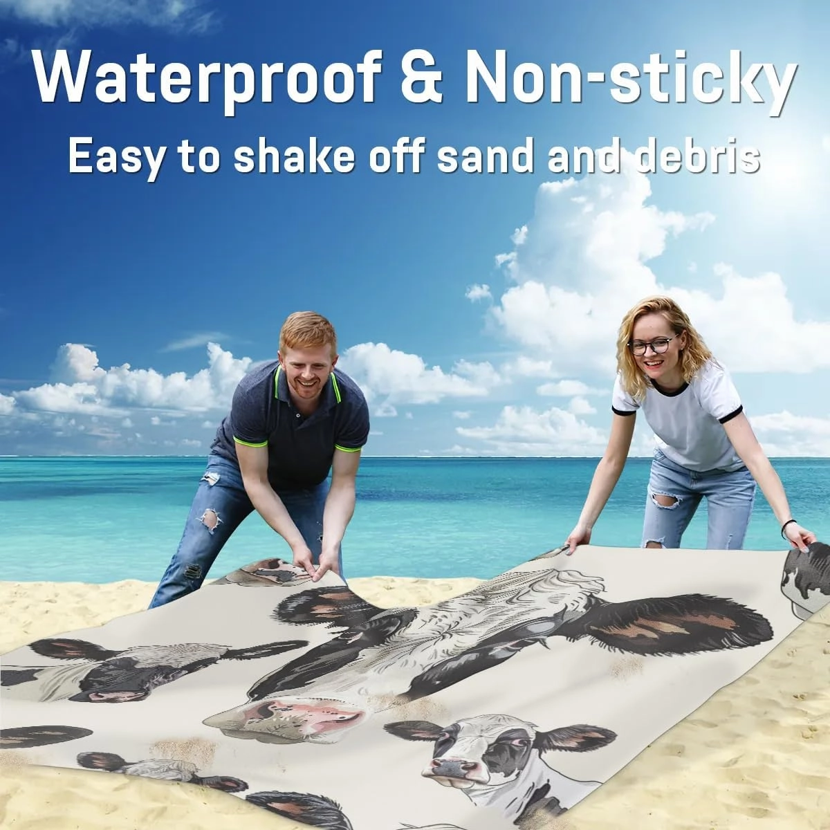Funny Cow Beach Blanket, Sandproof Beach Mat, Adults Waterproof Quick Drying Sand Free Mat with 4 x Ground Spikes for Outdoor Travel Camping Hiking, Cow