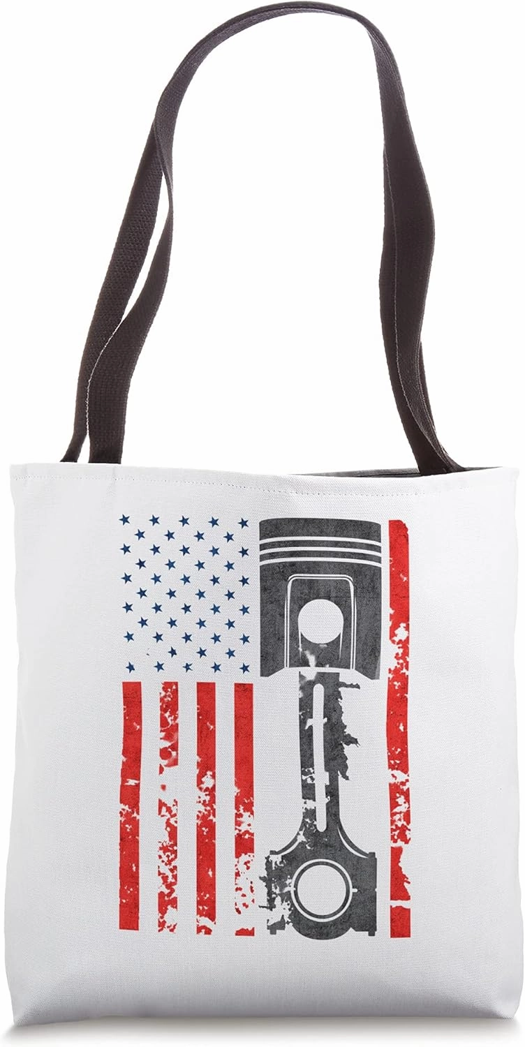 Funny Piston Gift Cool Muscle American Flag Car Enthusiast Tote Bag