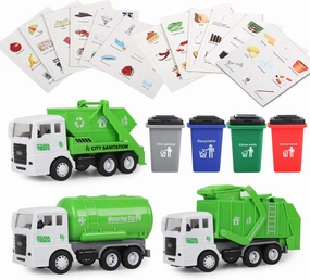 Garbage Truck Toy, 3 Pack Friction Powered Waste Management Garbage Truck Game with Front Load Dumpster, Back Dump Garbage,4 Trash Bins with 108 pcs Trash Cards, Gift for 3  Years Old Kids