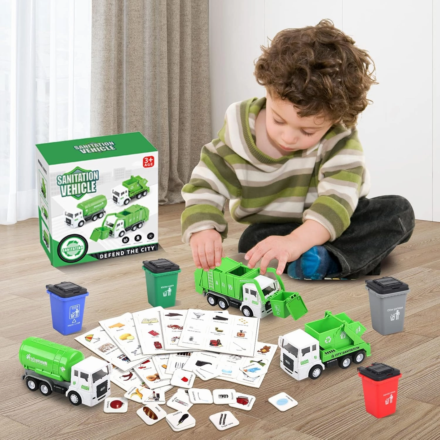 Garbage Truck Toy, 3 Pack Friction Powered Waste Management Garbage Truck Game with Front Load Dumpster, Back Dump Garbage,4 Trash Bins with 108 pcs Trash Cards, Gift for 3  Years Old Kids