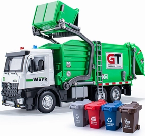 Garbage Truck Toys Metal Cab, Realistic Trash Truck Toys for Boys Kids with Lights and Sounds, Friction Powered Recycling Vehicles, Front Loader with Dumpster, 4 Trash Bins, 12"
