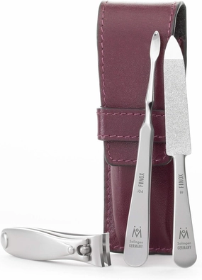 GERMANIKURE 3pc Mens Grooming Kit in Purple Leather Case - Made in Solingen Germany of FINOX Stainless Steel: Fingernail Clipper, Nail Cleaner, and Sapphire Nail File