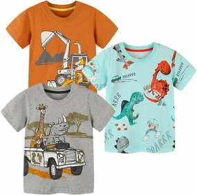 GFQLONG Toddlers Baby Boys Pack of 3 Cotton Short Sleeve Shirts Clothes Dinosaur Graphic T-Shirt Outfit