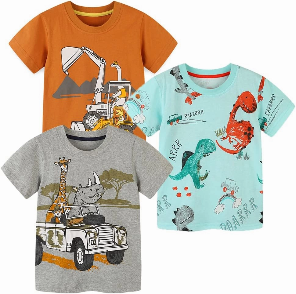 GFQLONG Toddlers Baby Boys Pack of 3 Cotton Short Sleeve Shirts Clothes Dinosaur Graphic T-Shirt Outfit