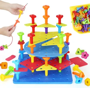 Ggiibro Peg Board Set STEM Toys for Toddlers Ages 3-6 | Montessori Sensory Stacking & Lacing Kit with Thick/Thin Foam Boards & Strings | Preschool Learning Toys for Fine Motor Skills Development