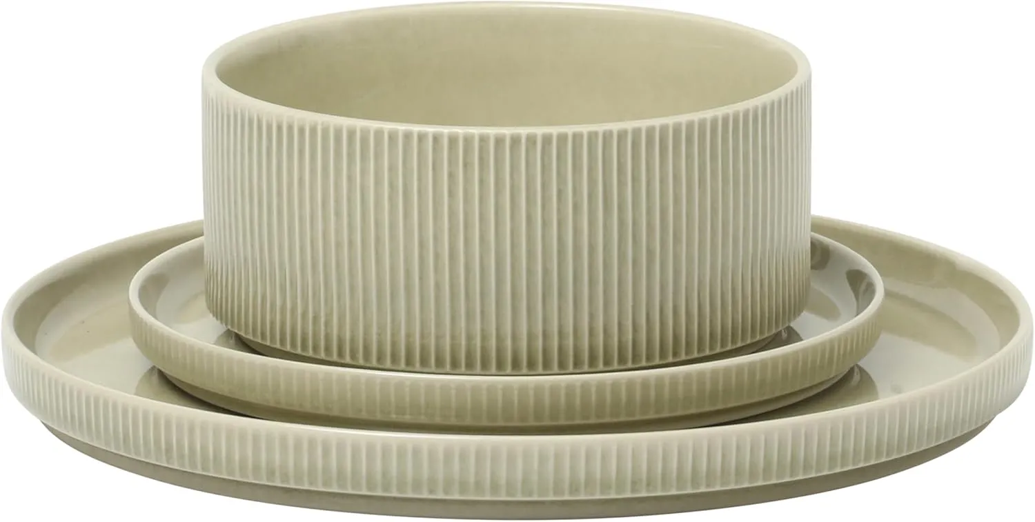 Gibson Elite Solana Coast 12 Piece Stoneware Reactive Glaze (Service for 4) Ceramic Plates and Bowls Modern Shape Embossed Dinnerware Set - Green