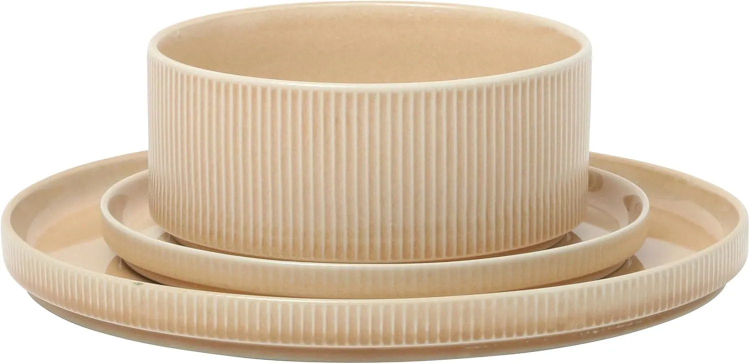 Gibson Elite Solana Coast 12 Piece Stoneware Reactive Glaze (Service for 4) Ceramic Plates and Bowls Modern Shape Embossed Dinnerware Set - Terracotta Orange