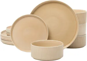Gibson Elite Solana Coast 12 Piece Stoneware Reactive Glaze (Service for 4) Ceramic Plates and Bowls Modern Shape Embossed Dinnerware Set - Terracotta Orange