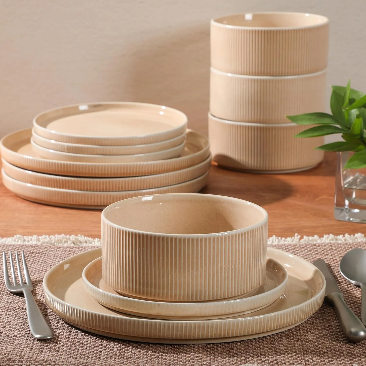 Gibson Elite Solana Coast 12 Piece Stoneware Reactive Glaze (Service for 4) Ceramic Plates and Bowls Modern Shape Embossed Dinnerware Set - Terracotta Orange