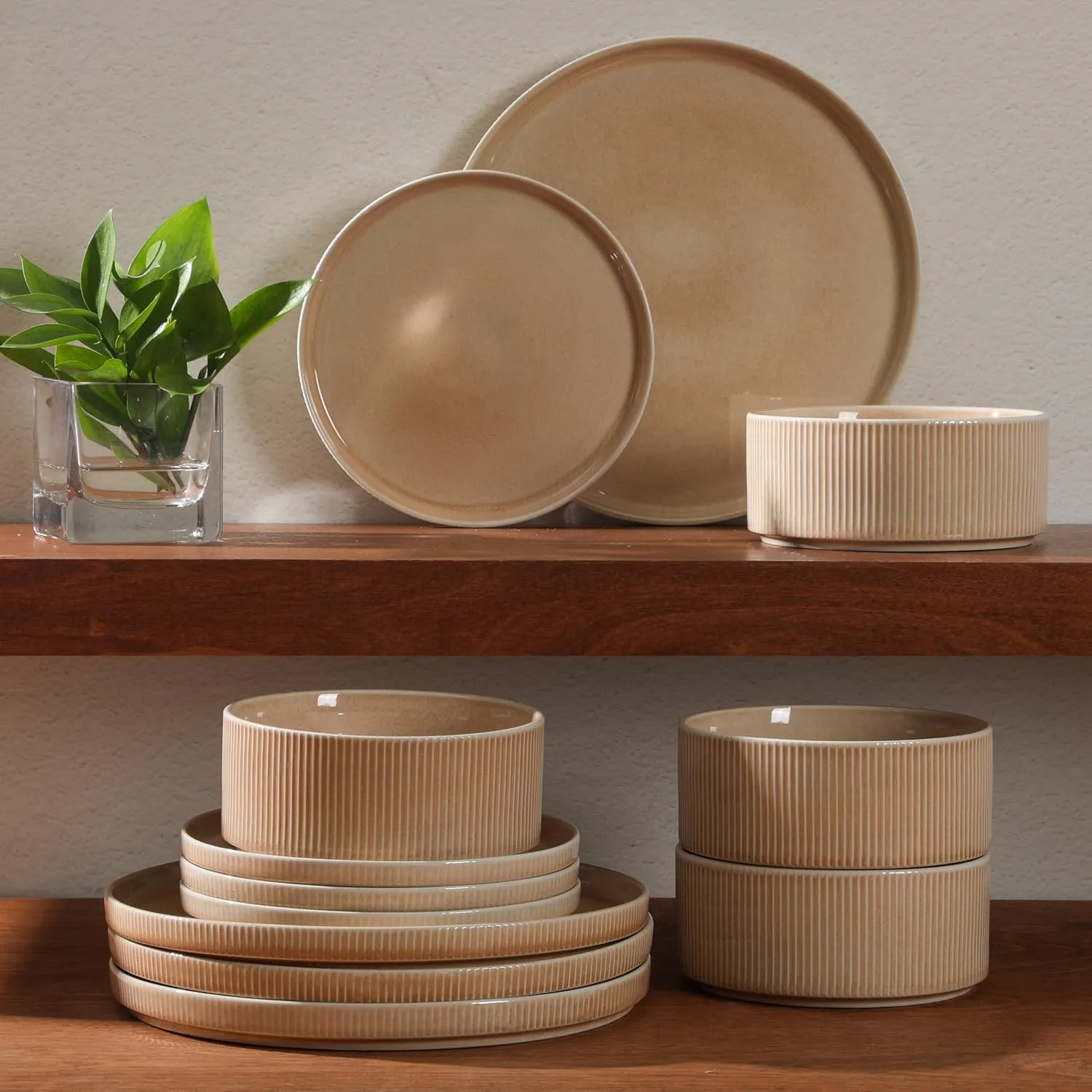 Gibson Elite Solana Coast 12 Piece Stoneware Reactive Glaze (Service for 4) Ceramic Plates and Bowls Modern Shape Embossed Dinnerware Set - Terracotta Orange