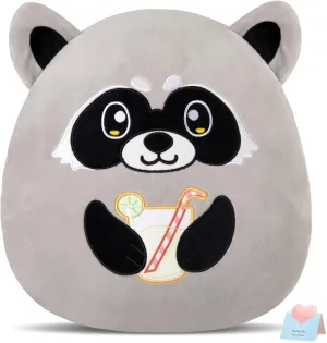 Glow Guards 12-Inch Raccoon Plush Pillow Cute Stuffed Animal Soft Raccoon Plush Toy Holding Juice, Birthday Gift for Boys Girls Kid