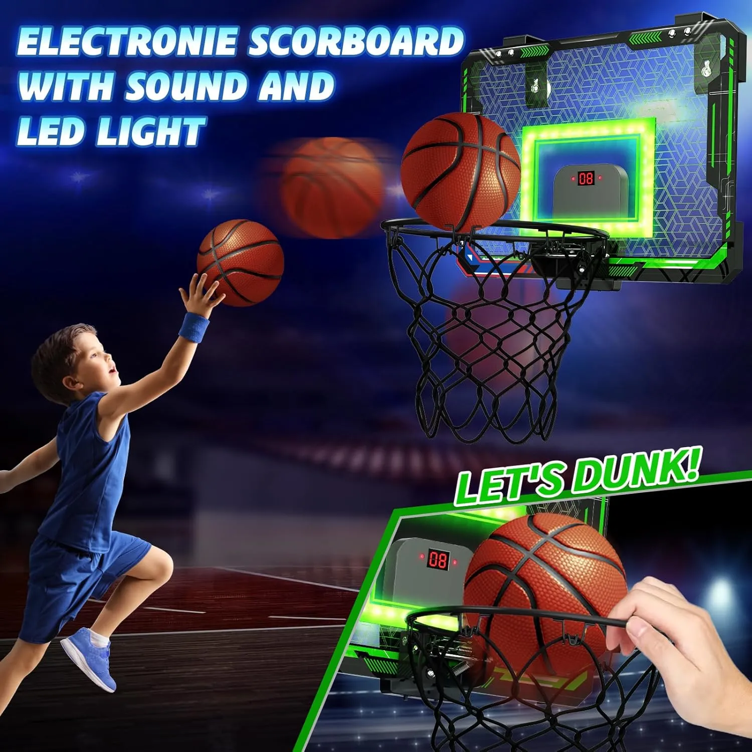 GMAOPHY Mini Basketball Hoop with Electronic Scoreboard Over The Door, Basketball Hoop Indoor for 5 6 7 8 9 10  Year Old Boys Kids, Birthday Gift Sport Toys