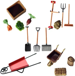 gofidin 1:12 Scale Miniature Farming Tools Dolls Accessories, 13PCS Simulation Shovel Rake Lawn Mower Garden Cart Scene Model Dollhouse Decoration