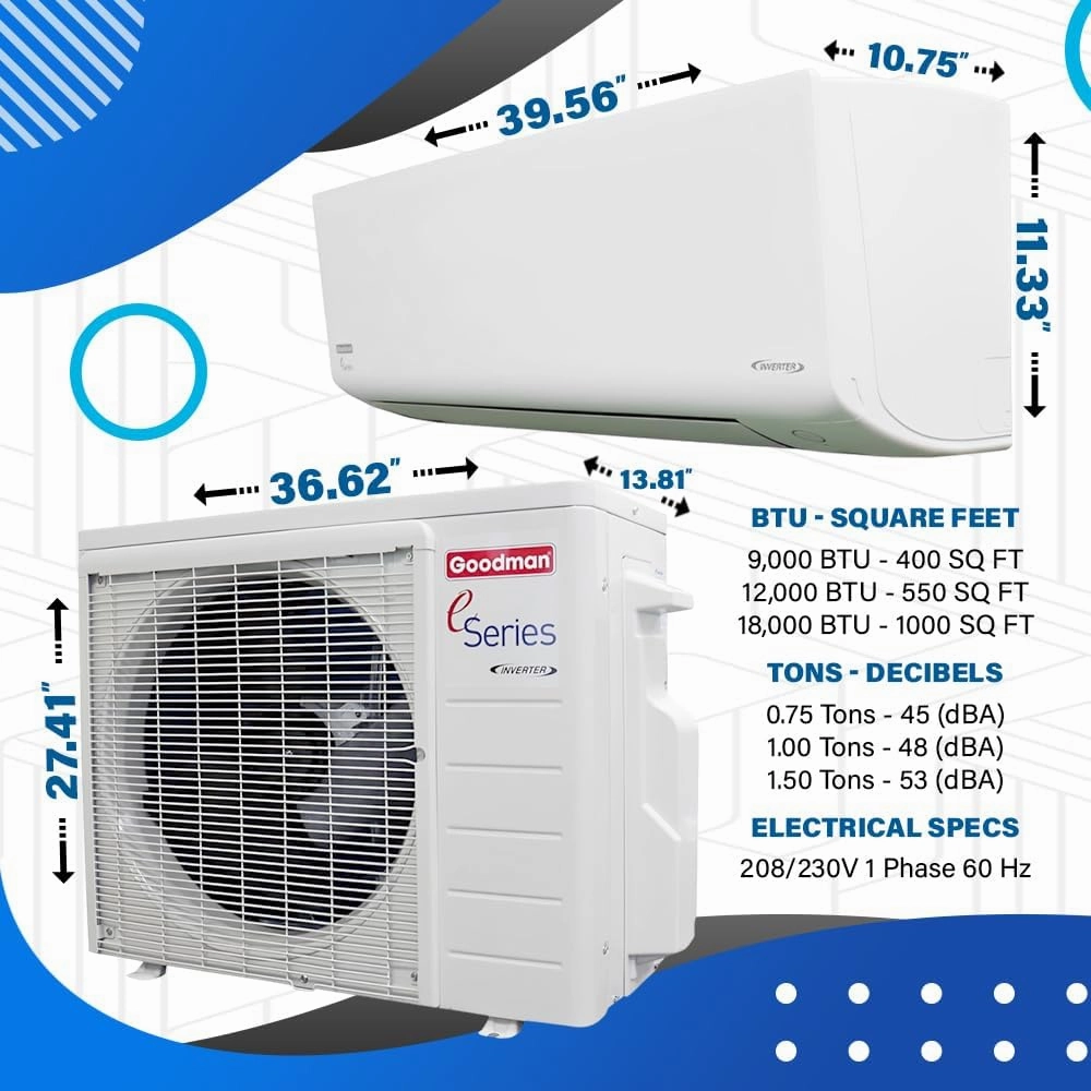 Goodman 18 SEER2 1.50 Tons Mini Split E-Series | 208/230v 1Phase 60Hz | 18,000 BTU Cooling & Heating w/ACiQ 15ft Installation Kits | Inverter Heat Pump, Ductless System, Single Zone, Wall Mounted
