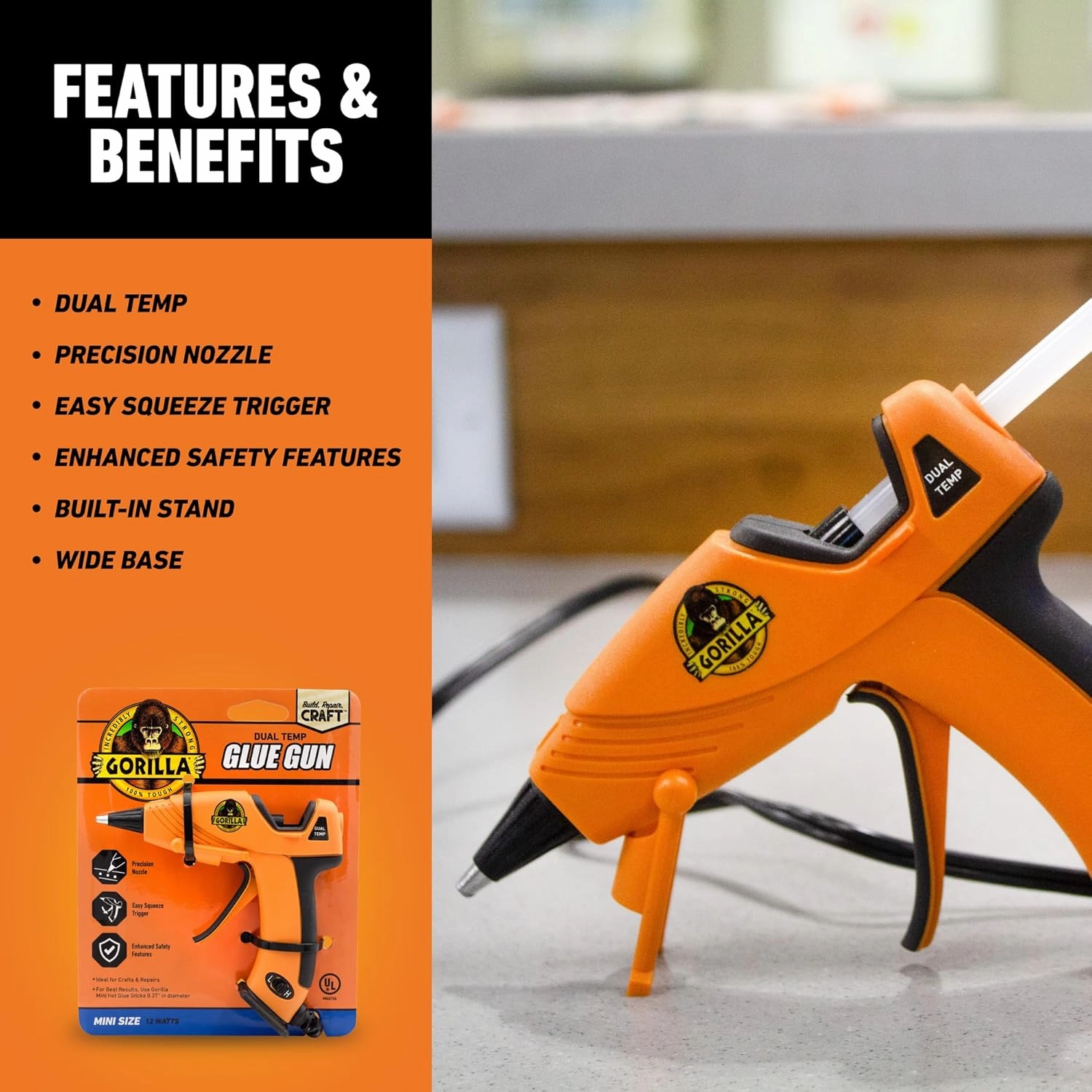 Gorilla Mini Hot Glue Gun Kit (Pack of 1 Mini Hot Glue Gun and 30 Sticks) - Dual Temp, Precision Nozzle, and Easy Squeeze Trigger