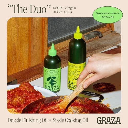 Graza Extra Virgin Olive Oil Variety Pack, Sizzle & Drizzle - High Polyphenol Peak Harvest EVOO Cooking & Finishing Oil in a Squeeze Bottle - Single Farm Olives from Spain
