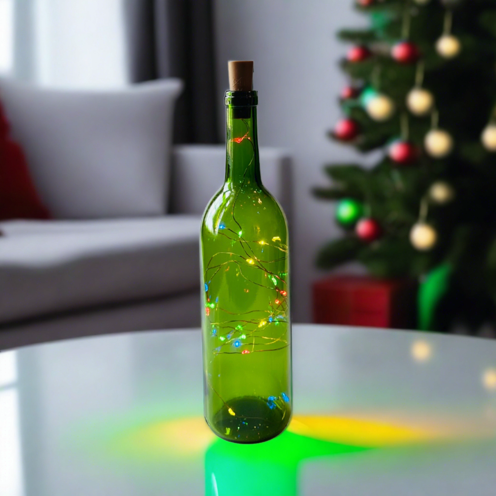 Green Wine Bottle with Colored Fairy String Lights, 750ml, Battery Operated Lights - DIY Projects and  Décor