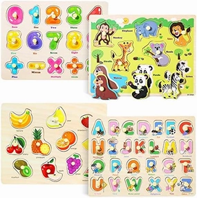 GRINNNIE Wooden Peg Puzzle for Toddlers 2 3 4 Years Old, 4 PCS Montessori Educational Learning Puzzles Set-Numbers, Letters, Animals and Fruits, Great Preschool Gifts for Girls and Boys