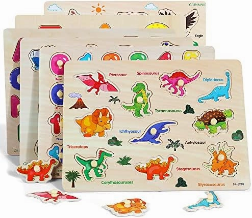 GRINNNIE Wooden Peg Puzzle for Toddlers, 6 Pack Toddler Puzzles Set for 3 4 5 Years Old (Alphabet Number Shape Animal Dinosaur Vehicle), Preschool Education Learning Puzzle Toys for Girls and Boys