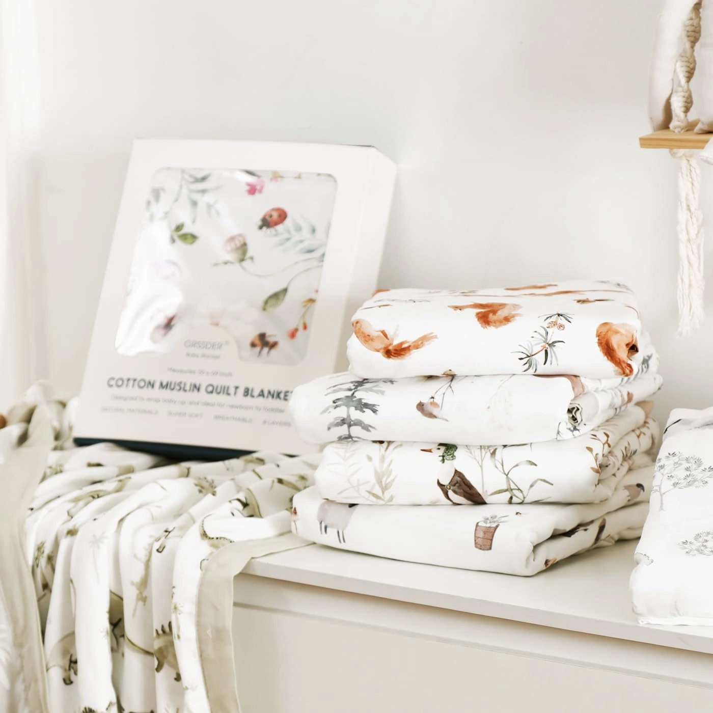 GRSSDER Cotton Muslin Quilt Blanket - Silky Soft and Breathable Baby Blanket Quilt, Oversized Muslin Blankets for Newborns, Toddlers & Kids, 6 Layers Reversible Design for All Seasons, 47" x 47"
