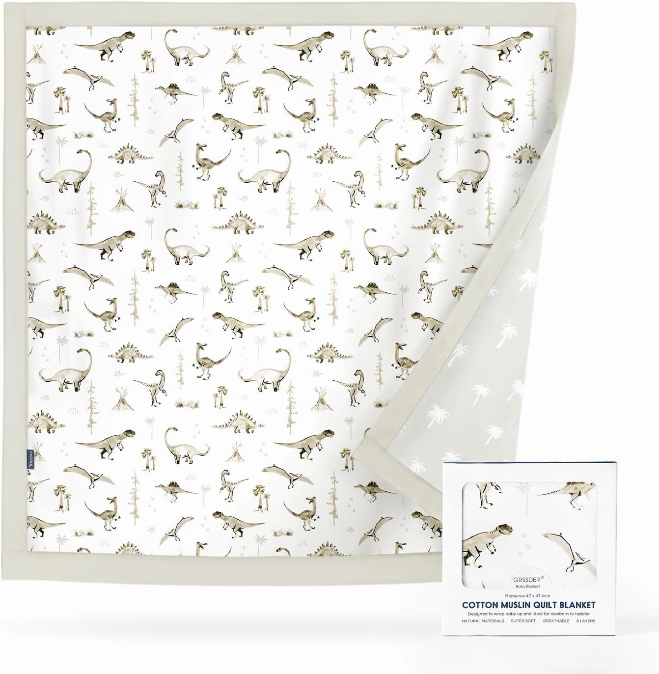 GRSSDER Cotton Muslin Quilt Blanket - Silky Soft and Breathable Baby Blanket Quilt, Oversized Muslin Blankets for Newborns, Toddlers & Kids, 6 Layers Reversible Design for All Seasons, 47" x 47"