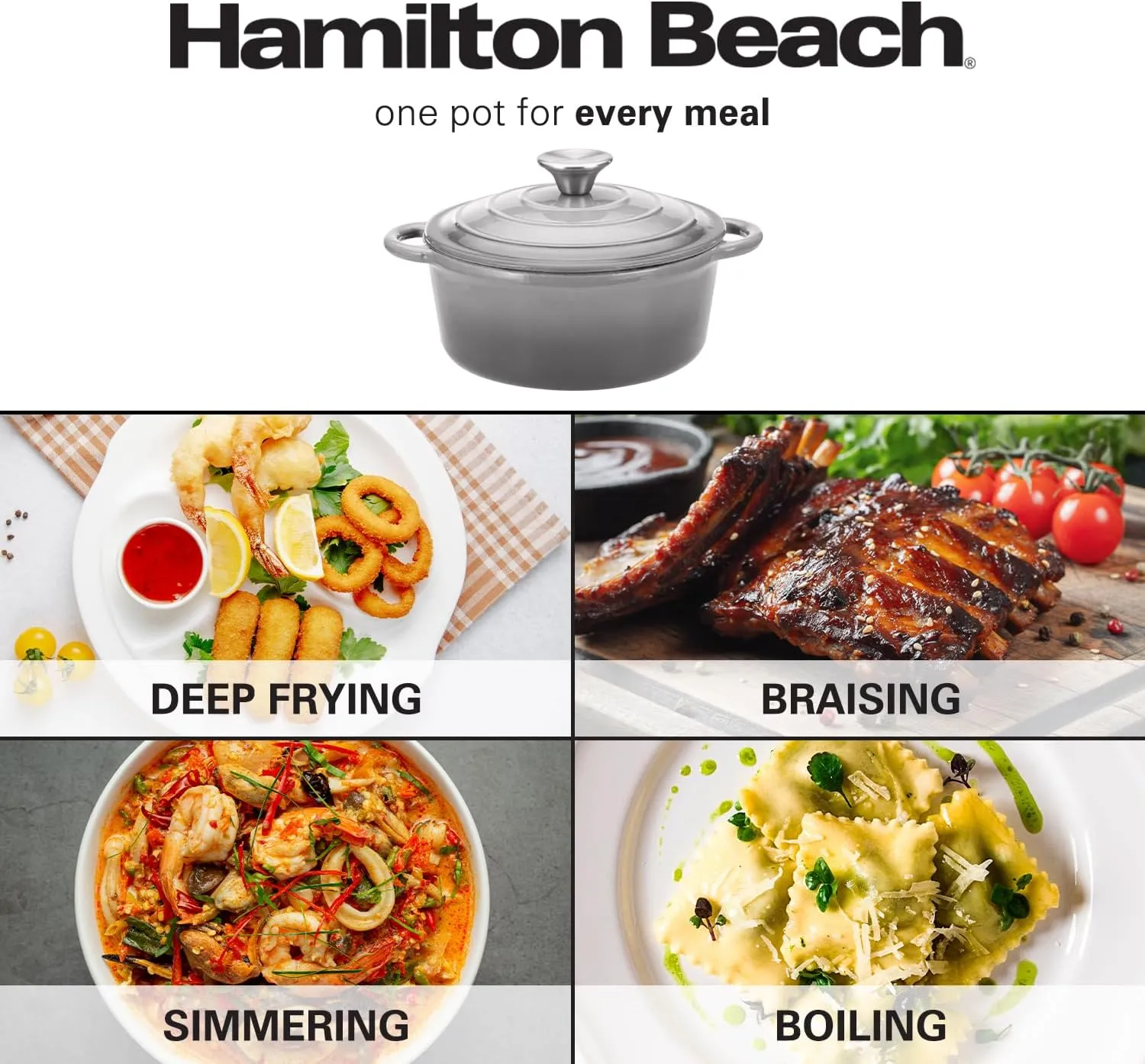 Hamilton Beach Enameled Cast Iron Dutch Oven - Gray (3-Quart) | Cream Enamel Coating Pot with Lid | Even Heat Distribution | Easy Grip Handles & Multipurpose