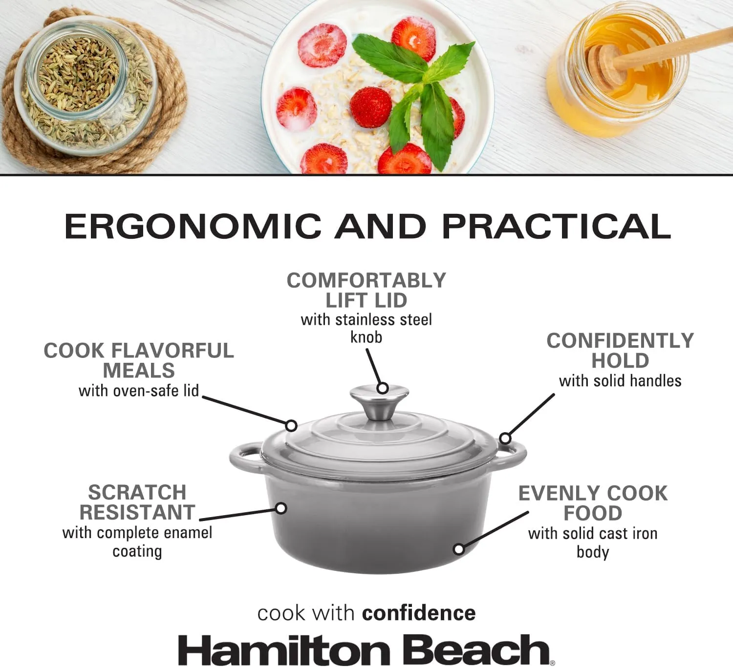 Hamilton Beach Enameled Cast Iron Dutch Oven - Gray (3-Quart) | Cream Enamel Coating Pot with Lid | Even Heat Distribution | Easy Grip Handles & Multipurpose