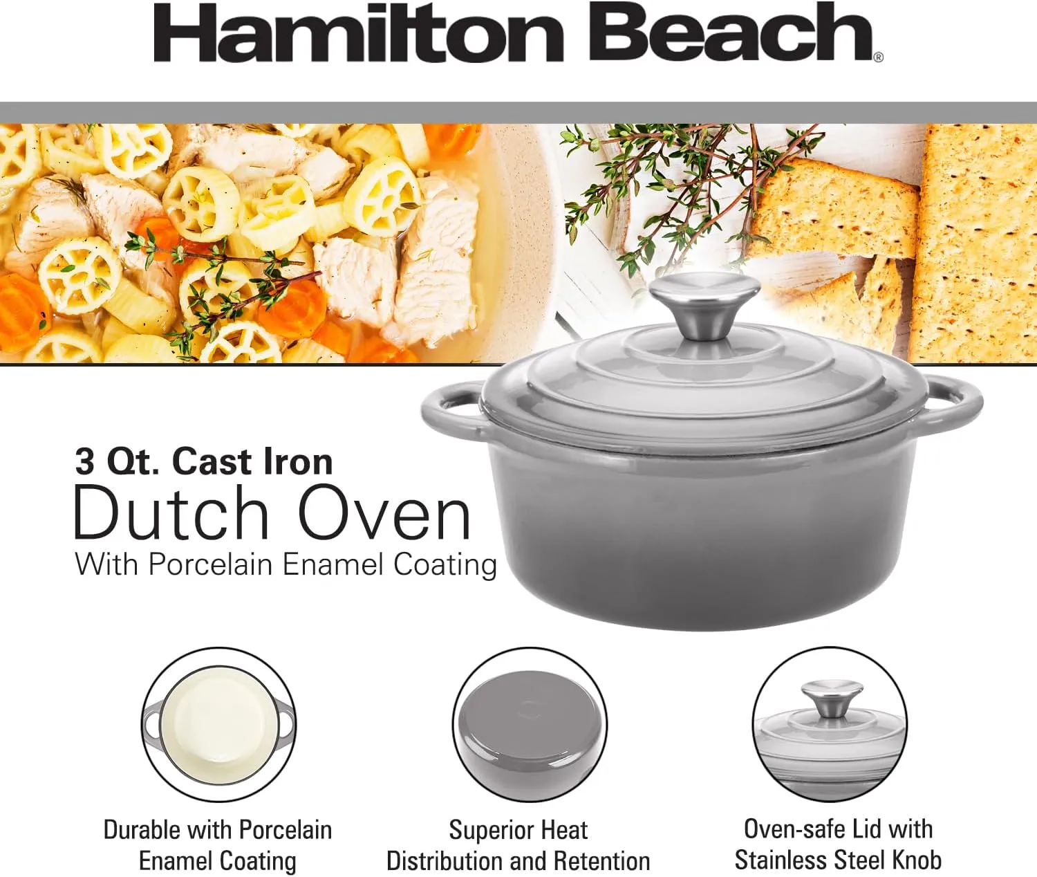 Hamilton Beach Enameled Cast Iron Dutch Oven - Gray (3-Quart) | Cream Enamel Coating Pot with Lid | Even Heat Distribution | Easy Grip Handles & Multipurpose