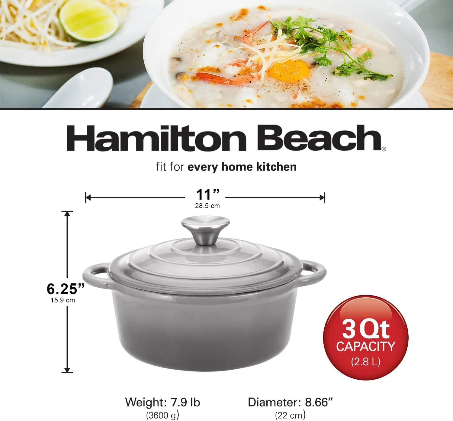 Hamilton Beach Enameled Cast Iron Dutch Oven - Gray (3-Quart) | Cream Enamel Coating Pot with Lid | Even Heat Distribution | Easy Grip Handles & Multipurpose