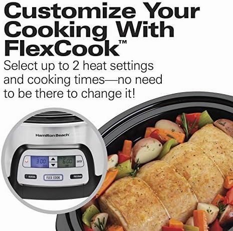 Hamilton Beach 33861 Portable Programmable Slow Cooker, Dishwasher Safe Crock, 6 Qt, FlexCook Dual Digital Timer/2 Heat Settings, Lid Lock for Easy Travel, Silver