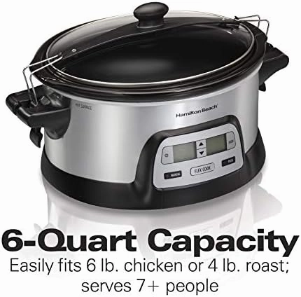 Hamilton Beach 33861 Portable Programmable Slow Cooker, Dishwasher Safe Crock, 6 Qt, FlexCook Dual Digital Timer/2 Heat Settings, Lid Lock for Easy Travel, Silver