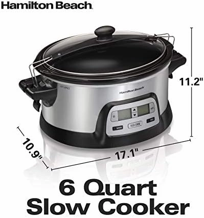 Hamilton Beach 33861 Portable Programmable Slow Cooker, Dishwasher Safe Crock, 6 Qt, FlexCook Dual Digital Timer/2 Heat Settings, Lid Lock for Easy Travel, Silver