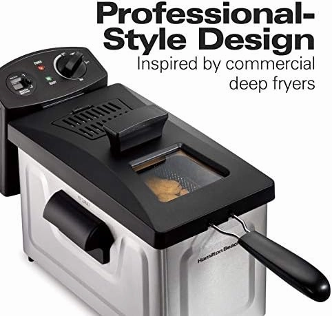 Hamilton Beach Professional Style Electric Deep Fryer with Basket and Lid, 3 Liters / 8 Cups, Temperature Control, Includes Frying Basket with Hooks, 1500 Watts, Stainless Steel (35032)