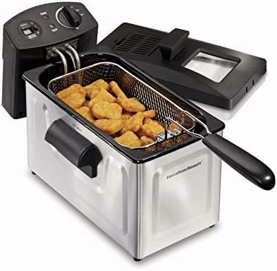 Hamilton Beach Professional Style Electric Deep Fryer with Basket and Lid, 3 Liters / 8 Cups, Temperature Control, Includes Frying Basket with Hooks, 1500 Watts, Stainless Steel (35032)