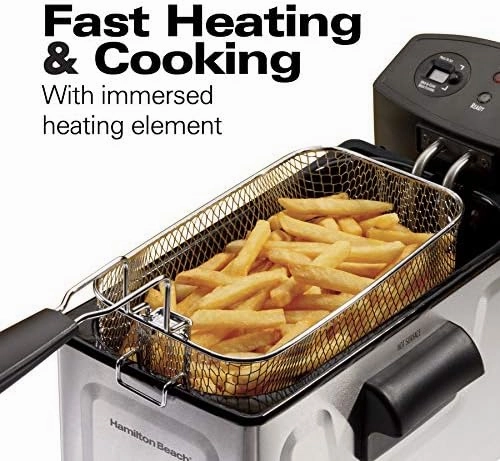 Hamilton Beach Professional Style Electric Deep Fryer with Basket and Lid, 3 Liters / 8 Cups, Temperature Control, Includes Frying Basket with Hooks, 1500 Watts, Stainless Steel (35032)