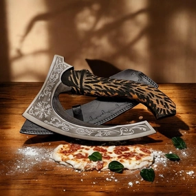 Hand Forged Axes Viking Axe Real Weapon Mens Axes Gifts for Him- with Black Etching Authentic Medieval Pizza Cutter Axe, Norse Pizza Axe Gift, Carbon Steel Viking Axe with Sheath