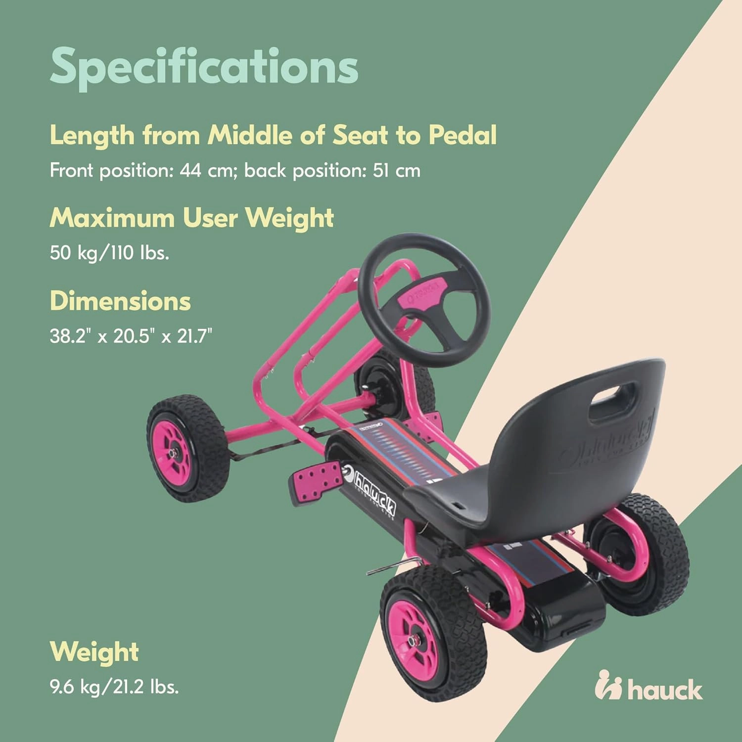 hauck Kids Pedal Go Kart, 4 Wheel Bike Cart, Ages 4-8, Lightning Ride, Pink