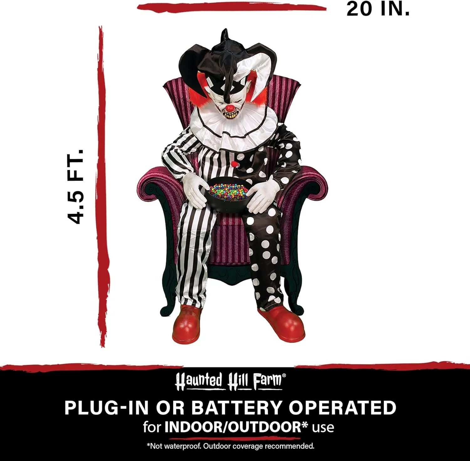 Haunted Hill Farm Hartley The Sitting Scare Clown by Tekky, Motion-Activated Talking Jump-Scare Halloween Animatronic for Halloween Party Prank Decoration, Plug-in or Battery Operated Halloween Props