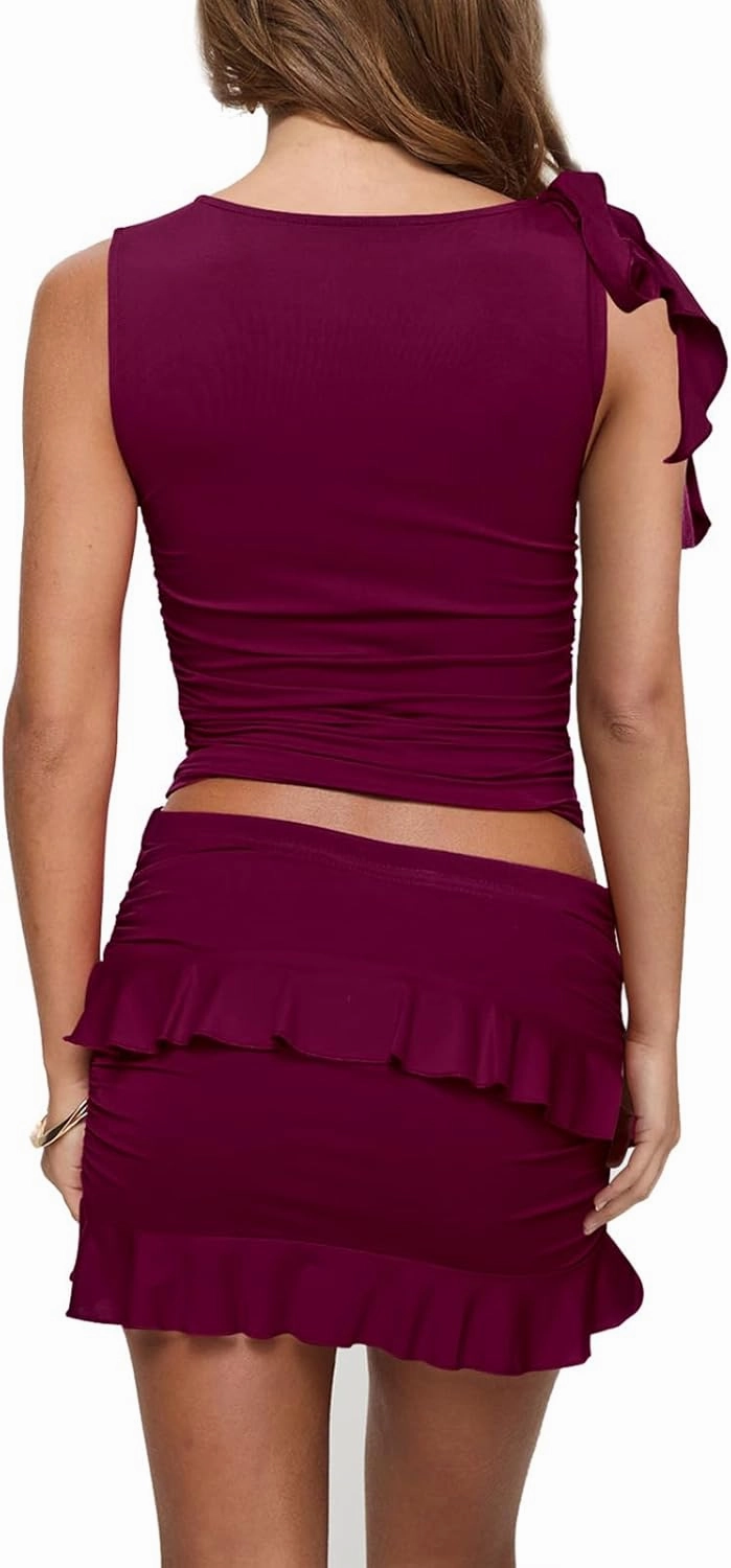 HESUUIO Women's Two Piece Skirt Set Summer High Waist Ruffle Y2K Mini Skirts Sleeveless Crop Tops Going Out Outfits